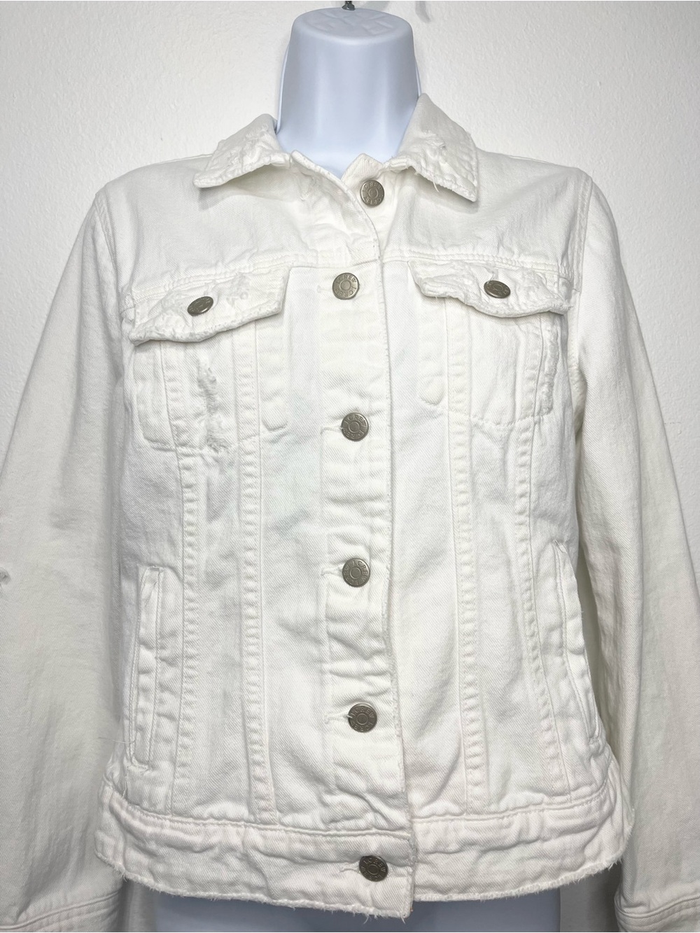 J. Crew Distressed White Denim Jacket with Button Front PTP 19” EUC